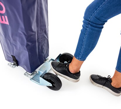 The transport wheels are attached to the folding gazebo.